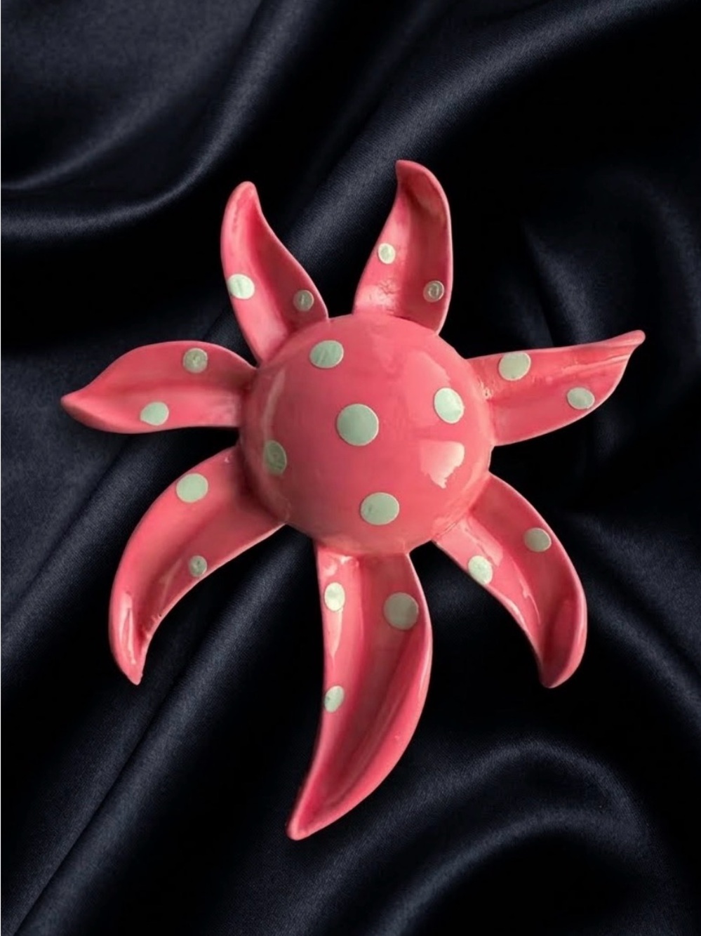 Vintage 1960s Pink & White Polka Dot Enamel Flower Brooch - Mod Retro Gold Tone